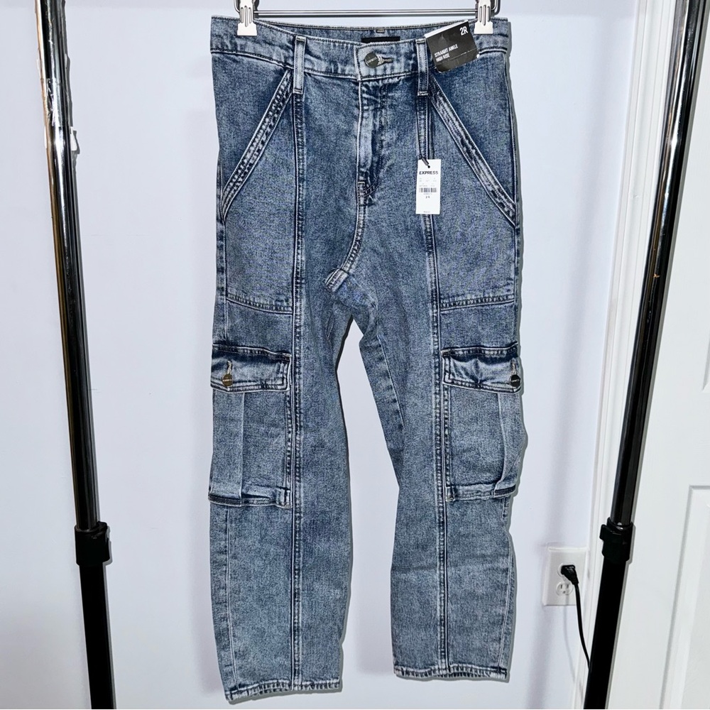 Express Blue Acid Wash Straight Ankle High Rise Cargo Jeans Size 2R NWT!